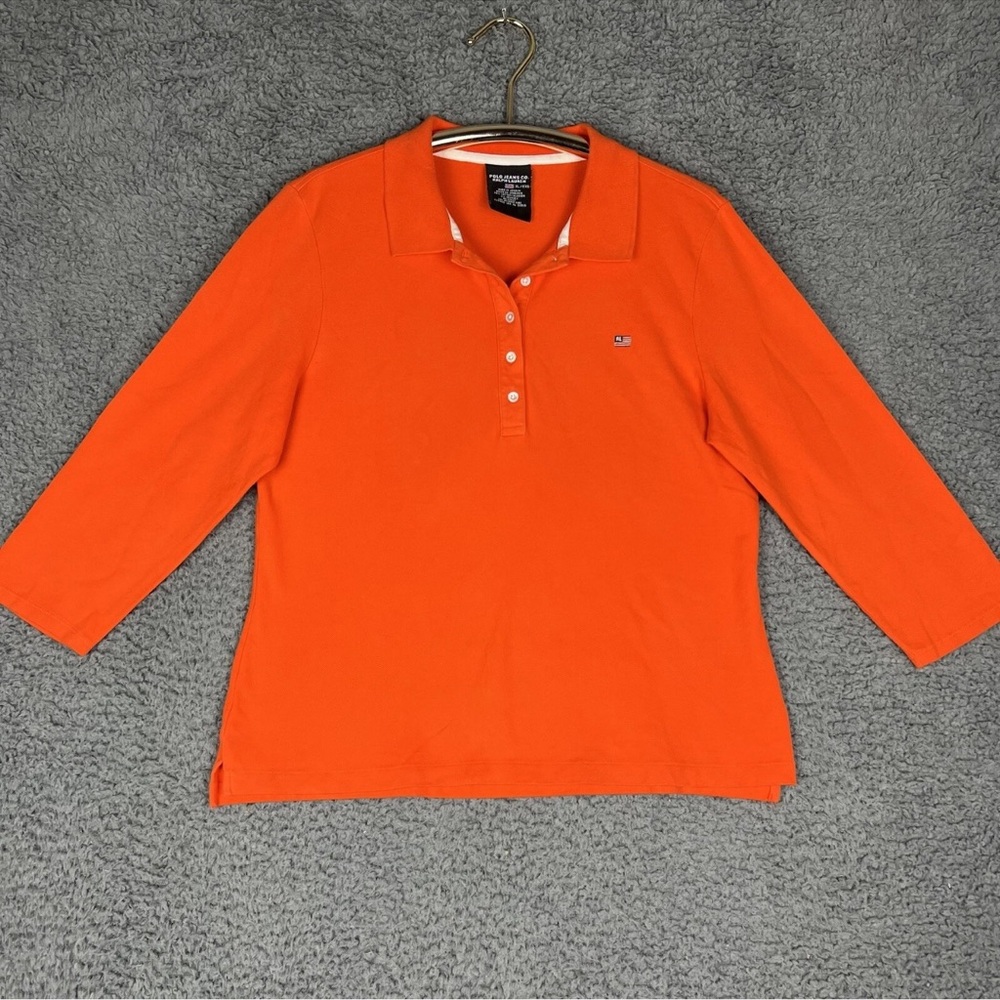 VTG Polo Jeans Co. Ralph Lauren Womens XL Orange Collared Polo Shirt Flag Logo-f